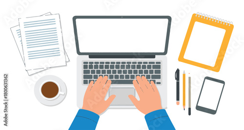 Hands typing on laptop with coffee and stationery on white background computer keyboard