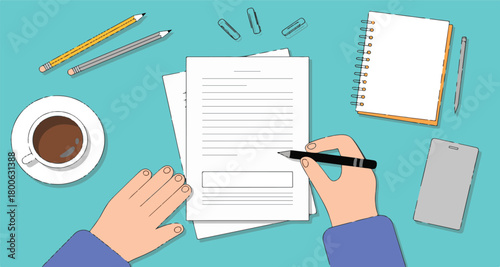 Hands Writing on Document with Laptop, Coffee, and Notebook on Desk paper