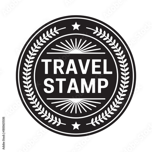 Vintage circular travel stamp with laurel wreath and sunburst