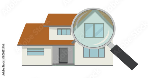 House with a magnifying glass examining the front facade Keywords: house, home, real estate, property, building