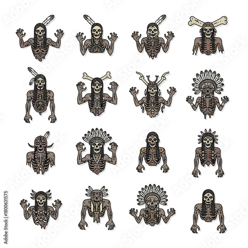 A collection of stylized skeletal figures with tribal headdresses and bone accessories, representing ancient warriors or chiefs.
