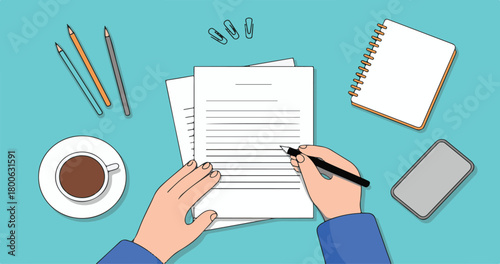 Hands Writing on Document with Pencils, Coffee, and Notebook on Desk paper