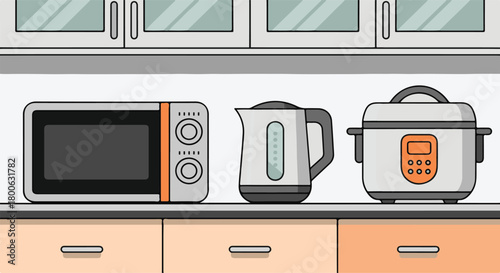 Kitchen counter with microwave electric kettle and multi cooker appliances Keywords: kitchen, appliances, microwave