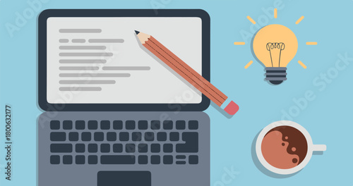 Laptop with pencil, lightbulb, and coffee cup on a blue background computer writing