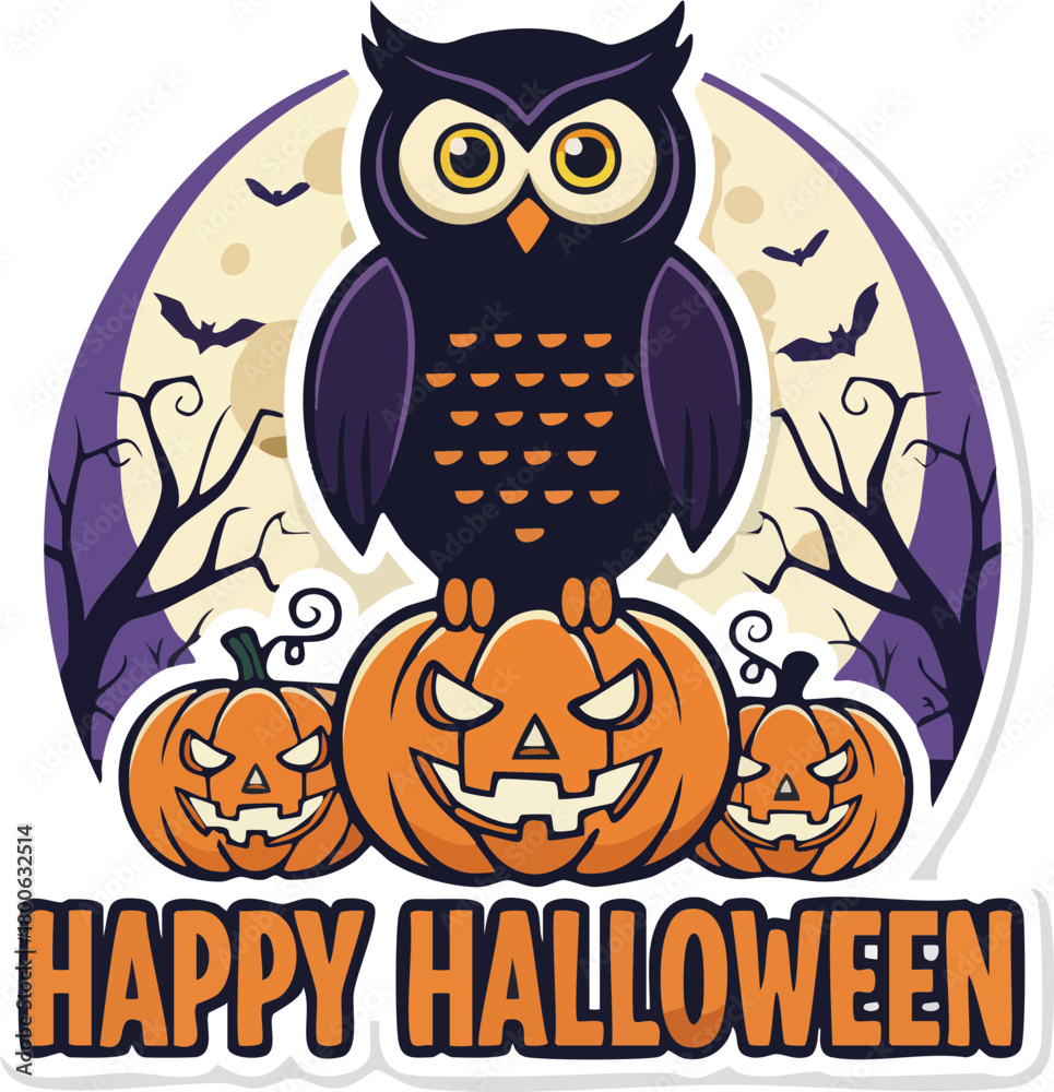 Obraz premium Halloween owl perched on pumpkins with spooky moon background