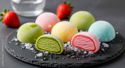 Japanese mochi ice cream in pastel colors—matcha, strawberry, vanilla, photographed on a chilled slate plate