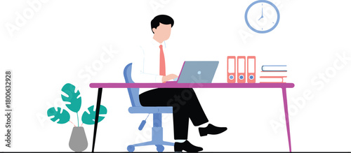 Man working on laptop at desk with binders and plant transparent background office