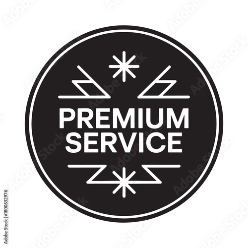 Premium service emblem with geometric starbursts and text