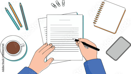 Person writing on paper with coffee and stationery on white background hand pencil