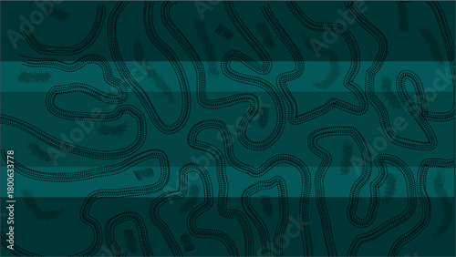 Dark Teal Emerald Vector Background with Abstract Tire Track Pattern: Featuring Intricate, Meandering Dotted Lines Simulating Race Tracks or a Maze, Overlaid with Translucent Dark Bands for Text Space