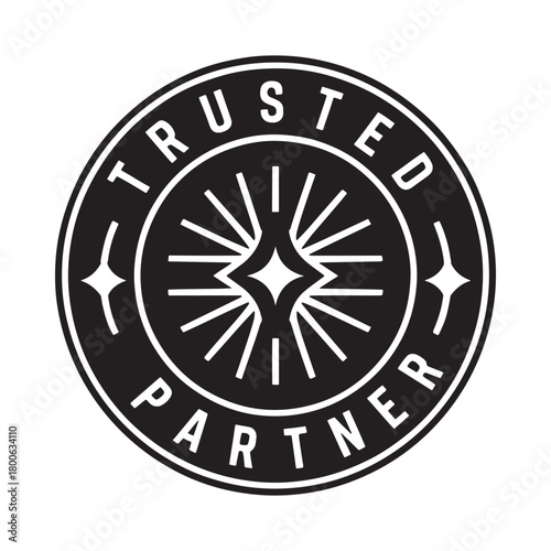 Black and white circular trusted partner emblem with starburst design