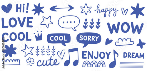 hand-drawn doodle elements, including positive words, decorative shapes, blue hand drawn doodle elements featuring words stars hearts and music notes