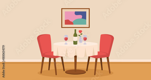 Romantic dinner table setting with wine glasses and bottle chairs