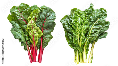 Fresh chard and mustard greens overhead two sets side by side on white background