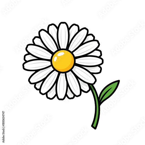 Stylized cartoon daisy flower illustration featuring white petals, a vibrant yellow center, and a green stem, clearly rendered on a transparent background for versatile graphic design.