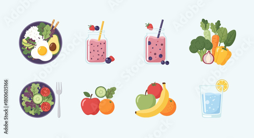 Healthy food selection featuring fruits, vegetables, and balanced meals