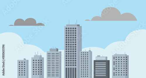 Stylized cityscape with tall buildings and clouds skyline skyscrapers