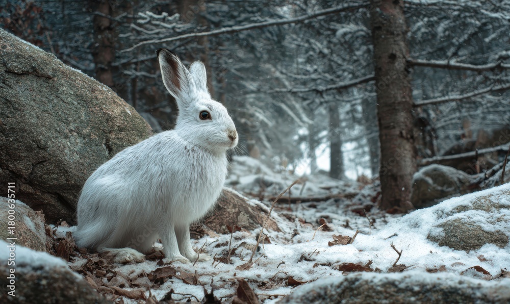 Fototapeta premium A white rabbit is sitting on the ground in the snow