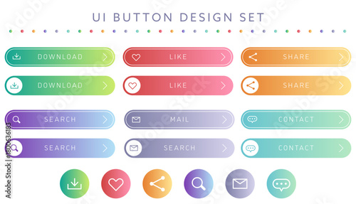 カラフルなUIボタンデザインセット｜Colorful Gradient Web UI Button Vector（Download・Like・Share・Search・Mail・Contact）