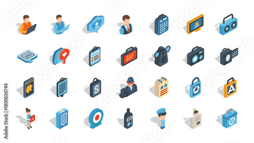 Isometric icons set: technology, business, security, and communication elements