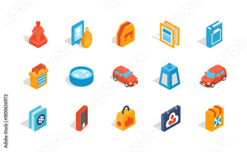 Colorful isometric icons set featuring everyday objects and travel essentials