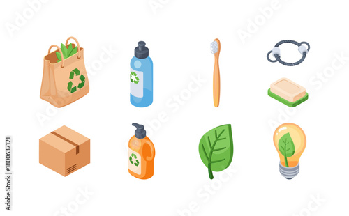 Eco-friendly isometric icons: reusable and sustainable products for a greener lifestyle