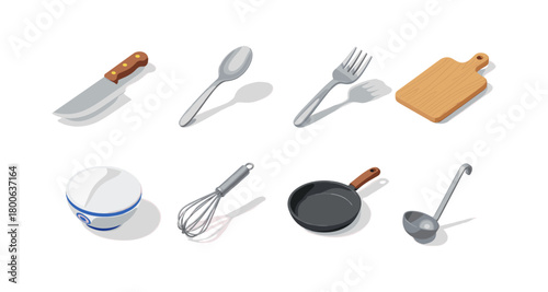 Essential kitchen utensils collection in isometric style on white background
