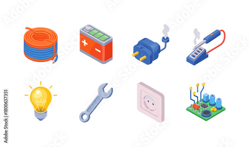 Isometric electrical tools and components set for diy projects and maintenance