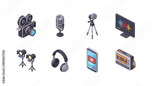 Isometric audio and video equipment icons featuring retro and modern devices