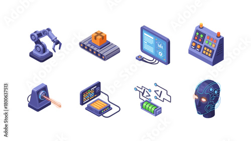 Isometric industrial automation icons set featuring robotics and artificial intelligence