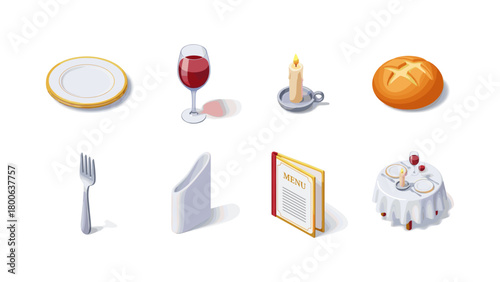Elegant dining icons collection with wine glass, candle, and bread loaf in isometric style