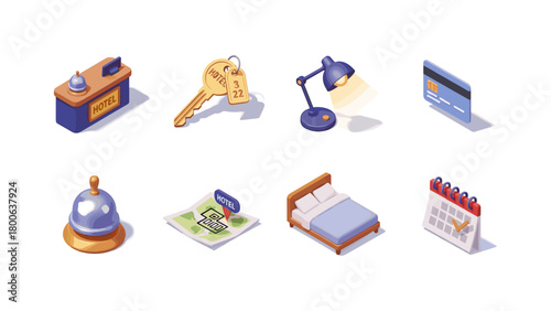 Isometric icons of hotel and hospitality items for modern travel design