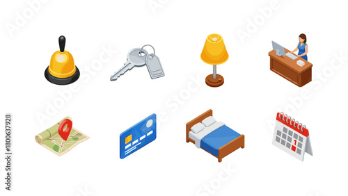 Isometric hospitality icons: bell, keys, lamp, receptionist, map, credit card, bed, calendar
