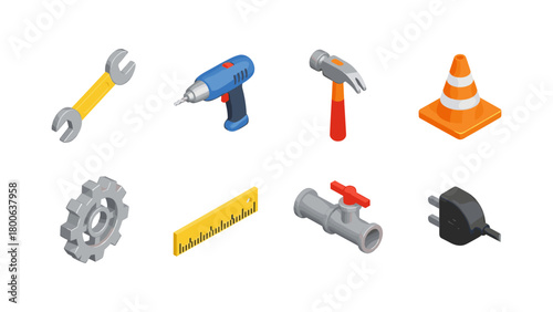 Isometric construction and repair tools set on white background