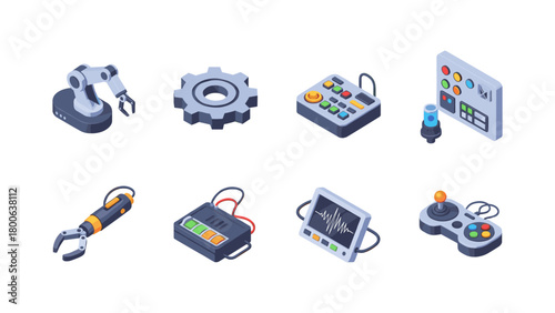 Isometric icons of robotics and electronics controls for industry and gaming