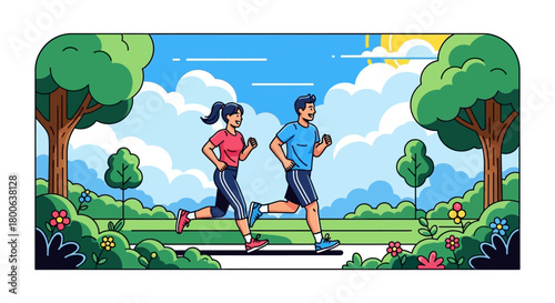 A couple enjoys a refreshing run through a vibrant park on a sunny day