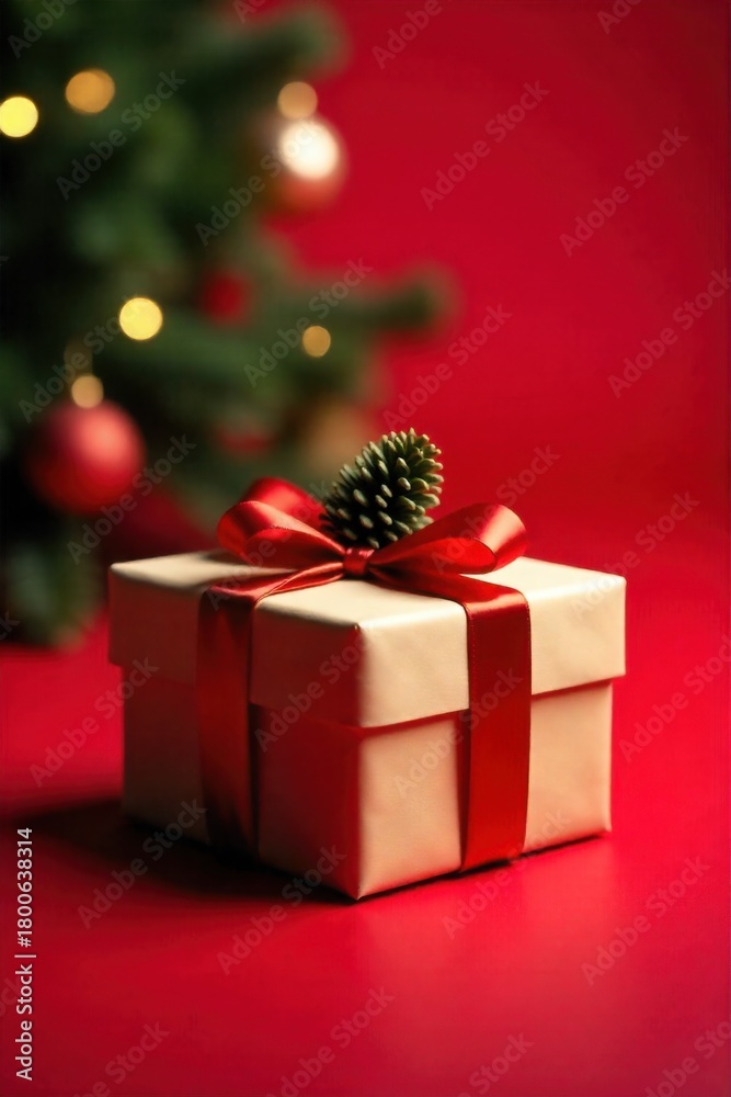 Obraz premium Festive Red and Gold Christmas Box with Ribbons and Greenery on a Snowy Surface A single, elegantly wrapped Christmas present in vibrant red paper with a luxurious gold satin ribbon and bow. A few