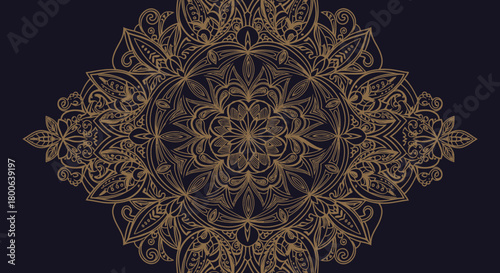Detailed golden mandala design on dark background, intricate and symmetrical