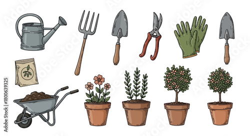 Set of gardening tools and plants, vector illustration