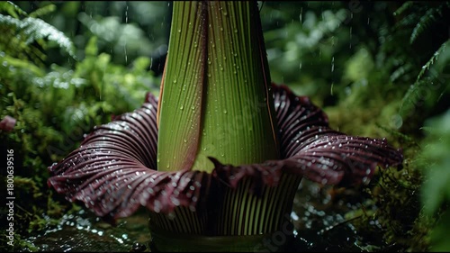 Titan Arum Blooming in Lush Rainforest Environment.