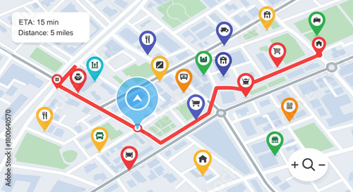 Navigation app showing route on map with various location and destination