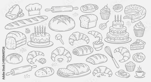 Hand drawn bakery products, baking and dessert