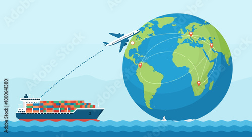 Global logistics and international delivery of goods by ship and airplane