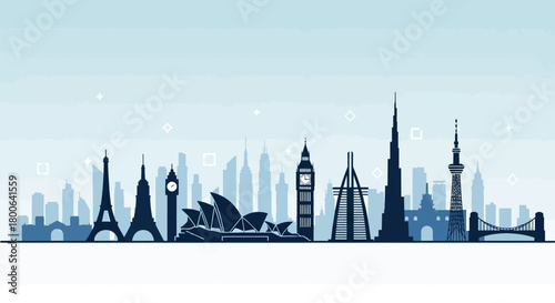 World landmarks silhouette, famous buildings and travel destinations in blue color