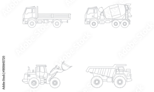 Comprehensive Vehicle Line Art Collection: Construction Trucks, Buses, and Passenger Cars in Top, Side, Front, and Rear View Outlines Vector Set