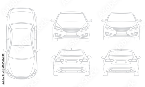 Comprehensive Vehicle Line Art Collection: Construction Trucks, Buses, and Passenger Cars in Top, Side, Front, and Rear View Outlines Vector Set