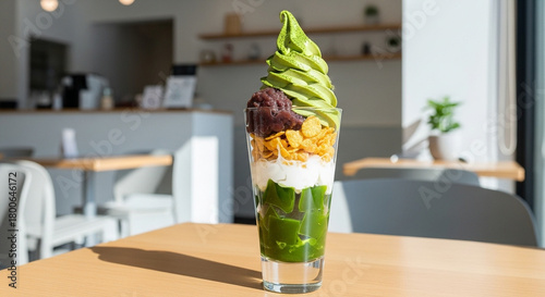 Matcha parfait layered in a tall glass with matcha jelly cubes, whipped cream, red bean paste, soft serve, and crunchy cornflakes, styled in a modern minimalist café
