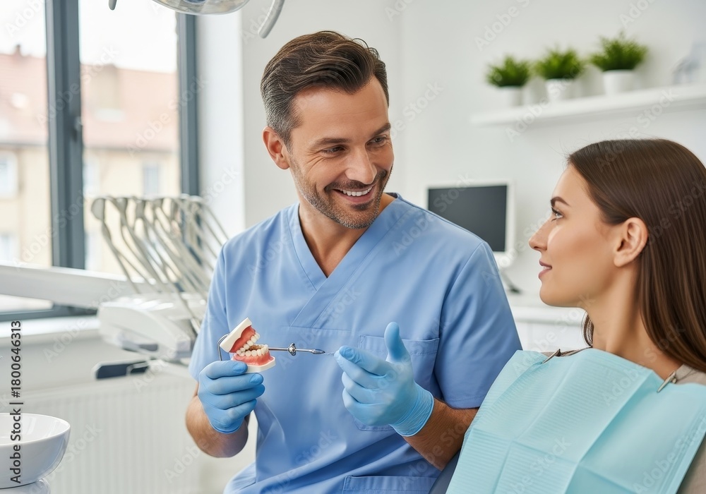 Fototapeta premium Male dentist explaining human jaw model to woman patient in dental clinic. Oral hygiene consultation for dental care.