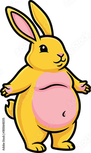 Funny yellow rabbit cartoon, pink belly bunny, cute animal character, vector illustration, standing pose, children design, playful mascot, isolated