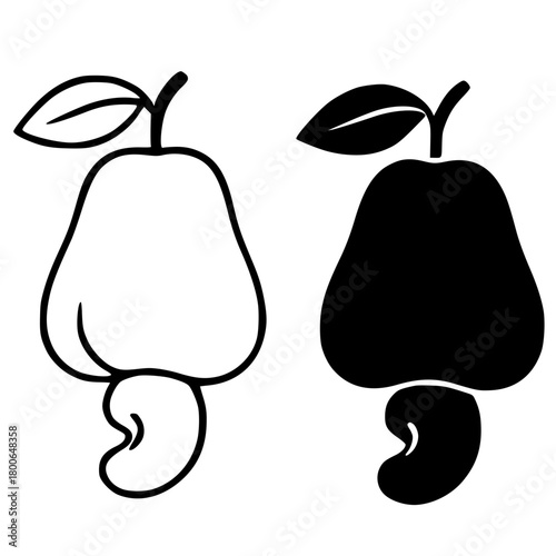 Minimalist icon, cashew fruit vector, black and white, outline and silhouette